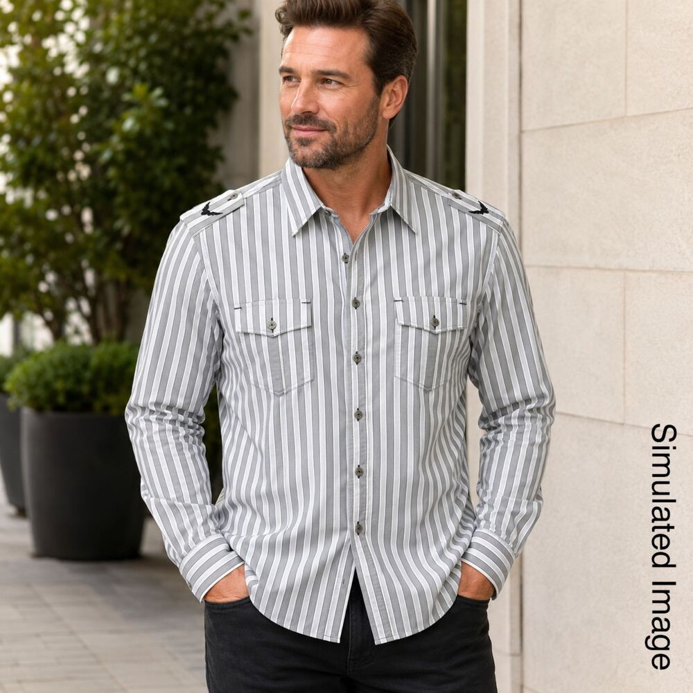 7 Diamonds Shirt Mens XL Gray Striped Cotton Button Up Epaulet Western Y2K